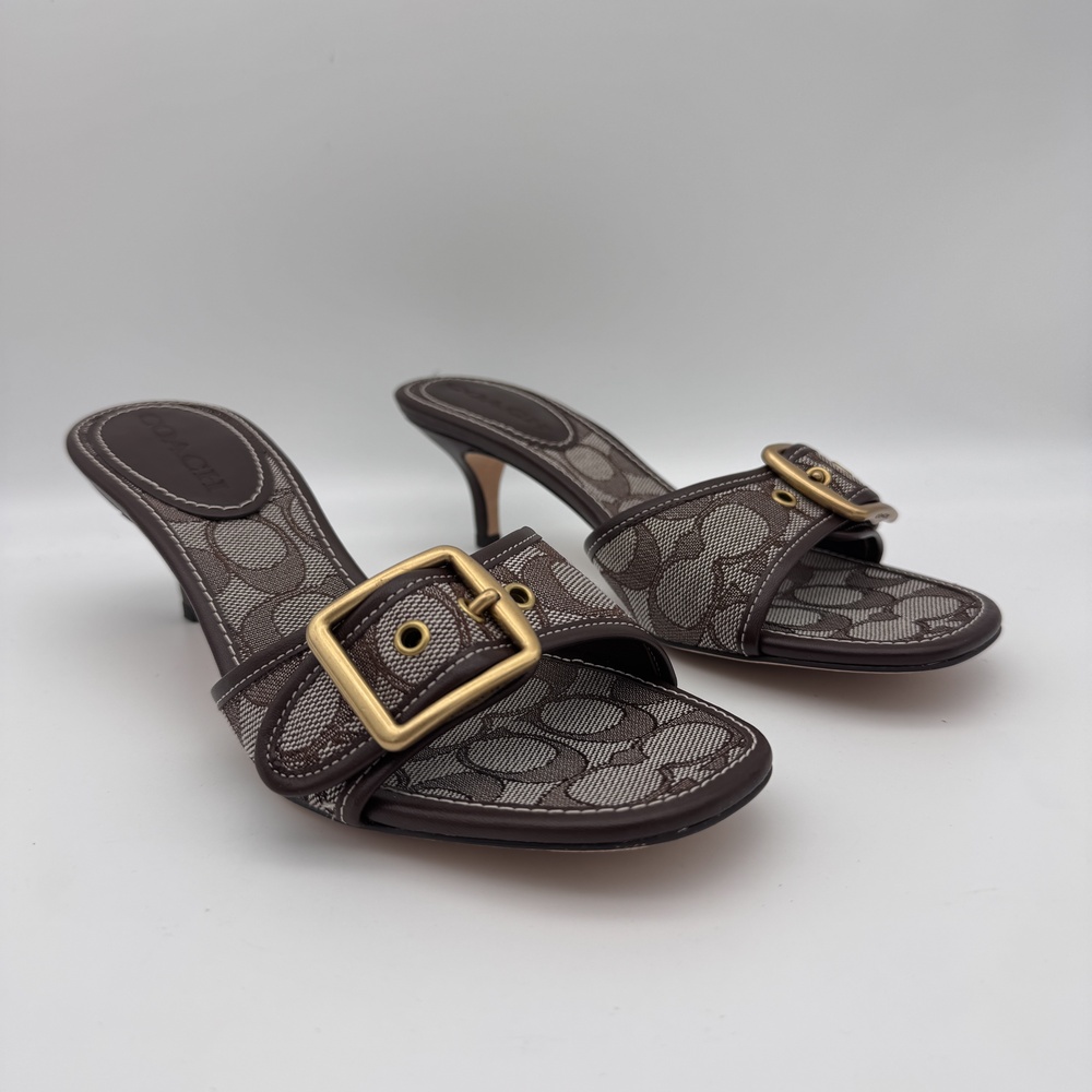 Coach Margot Kitten Heels Womens 7 Buckle Heeled Sandal Signature Jacquard Oak